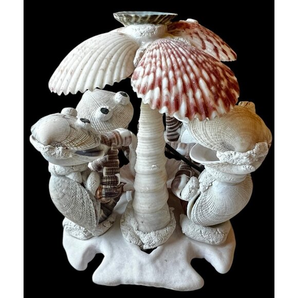 Handcrafted Shell Turtle Musician Figurines Under Palm Tree 4" T Vintage - Picture 2 of 14